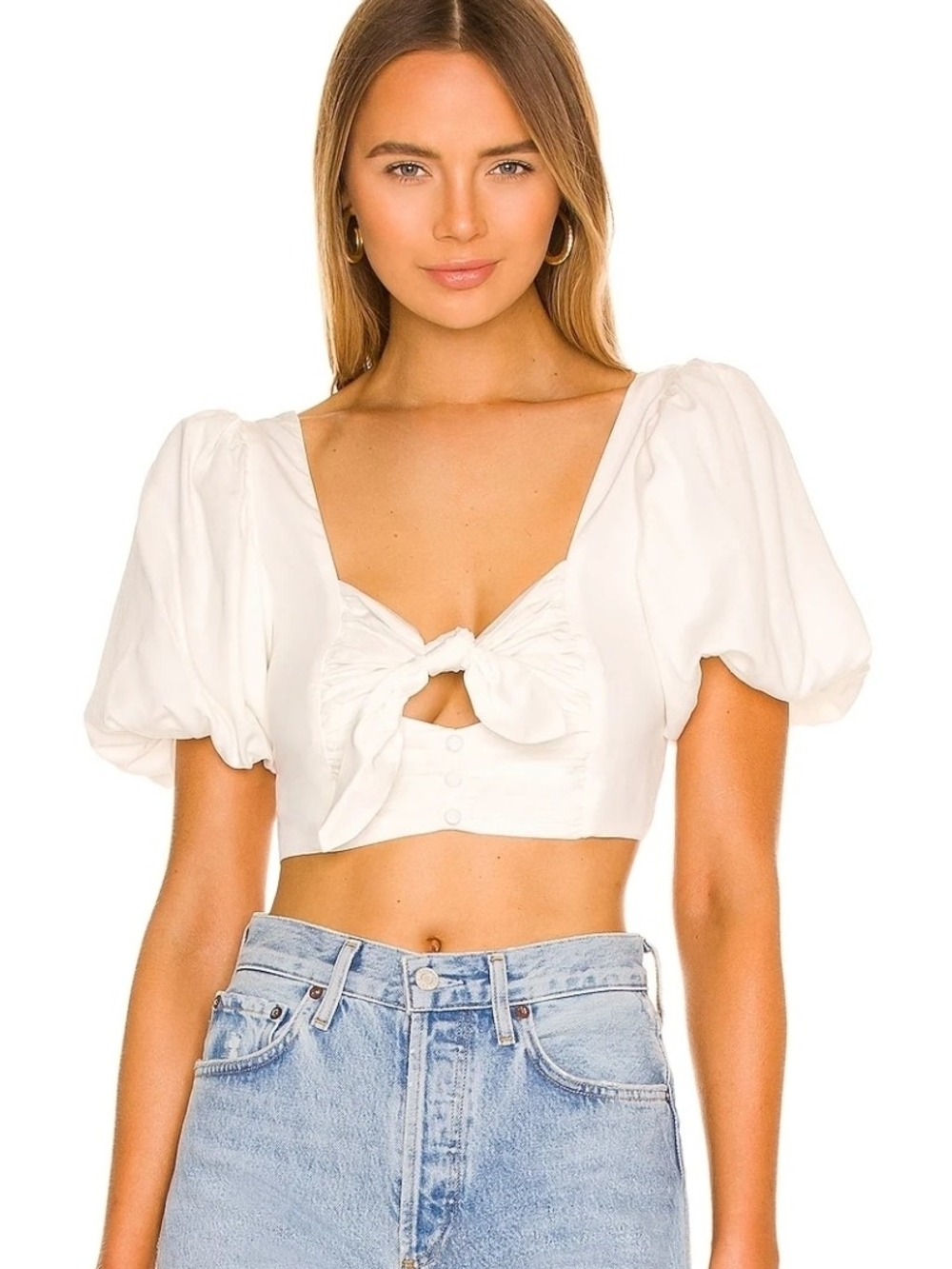 For Love & Lemons White Puff-Sleeve Tie-Front Crop Top